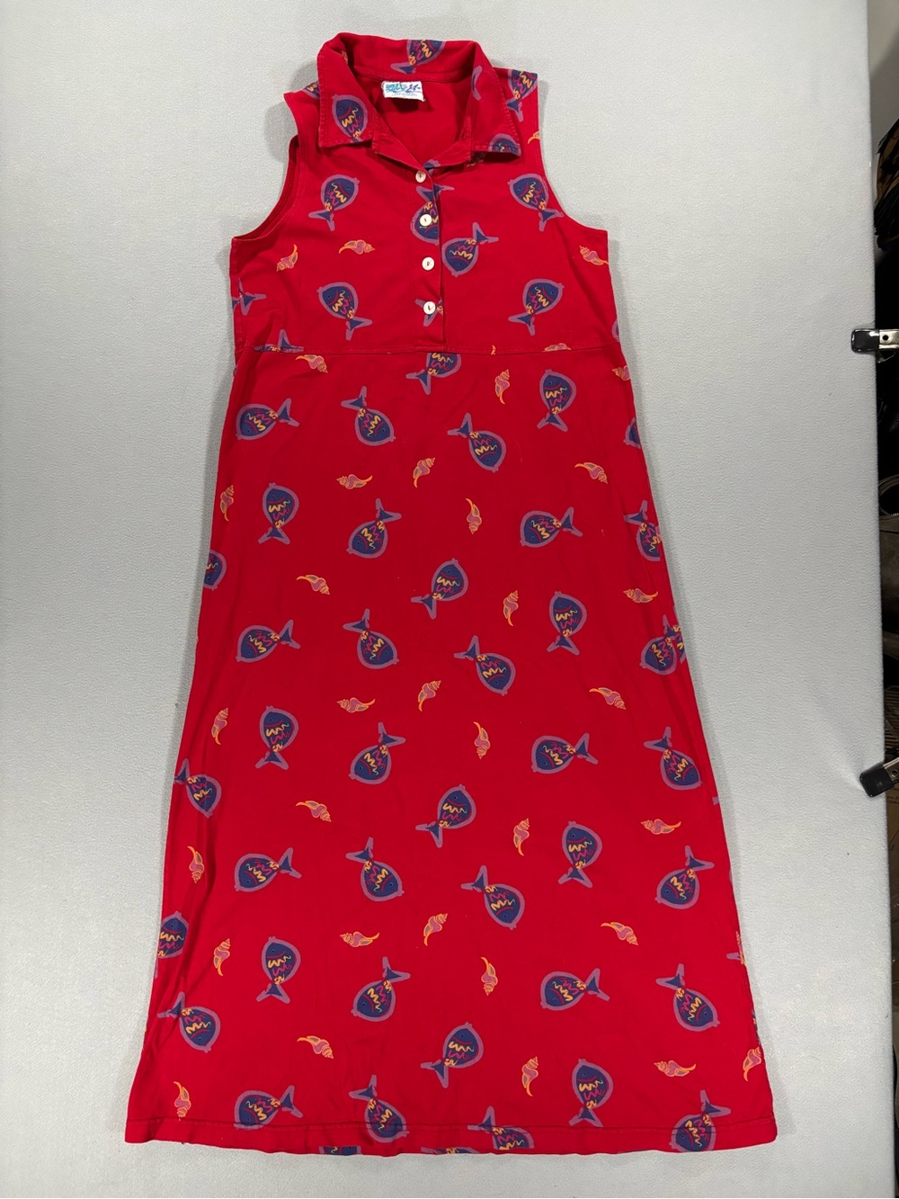Vintage Red Sleeveless cotton Polo Dress with Fish Print L